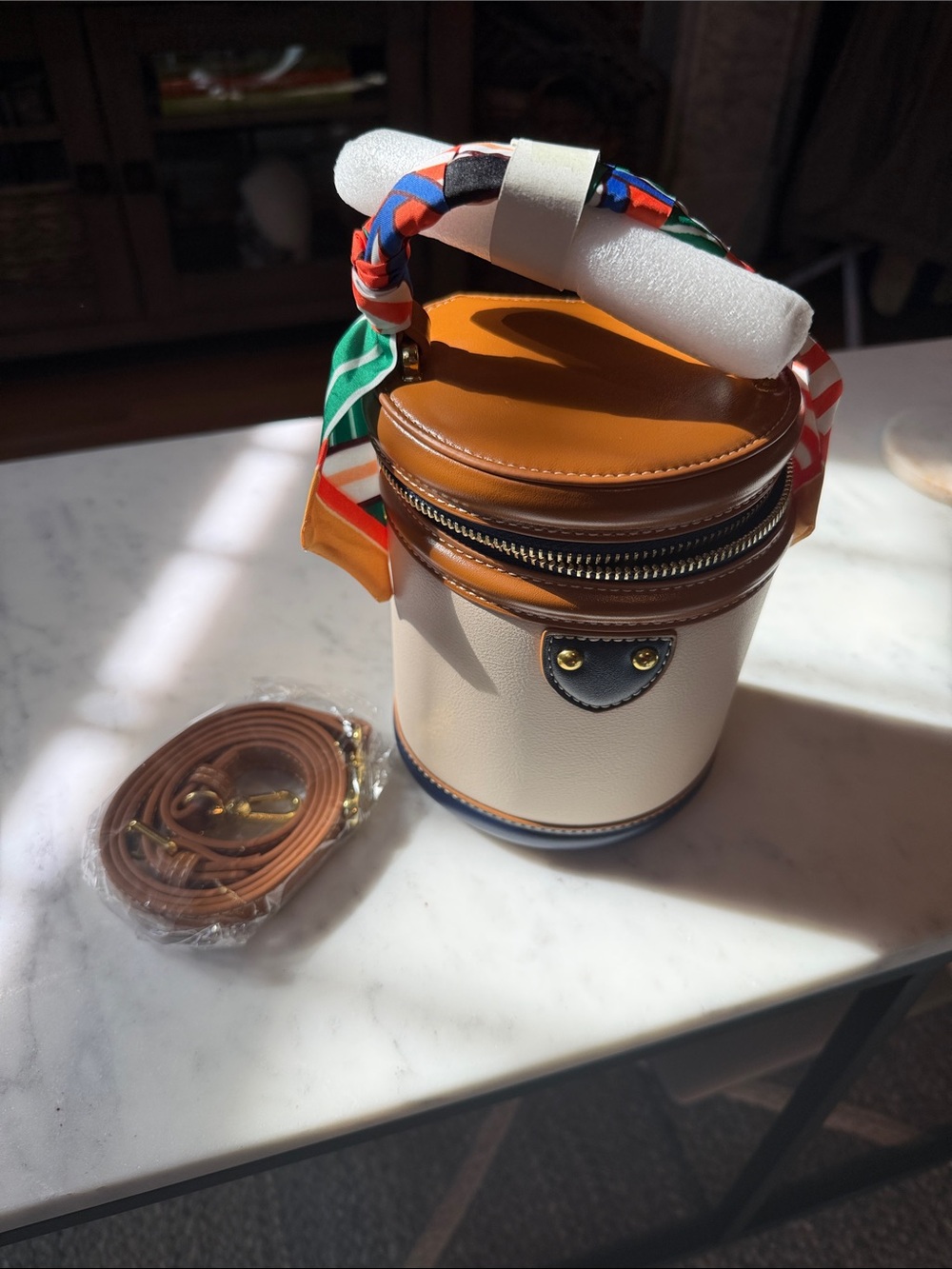 Tan/navy purse